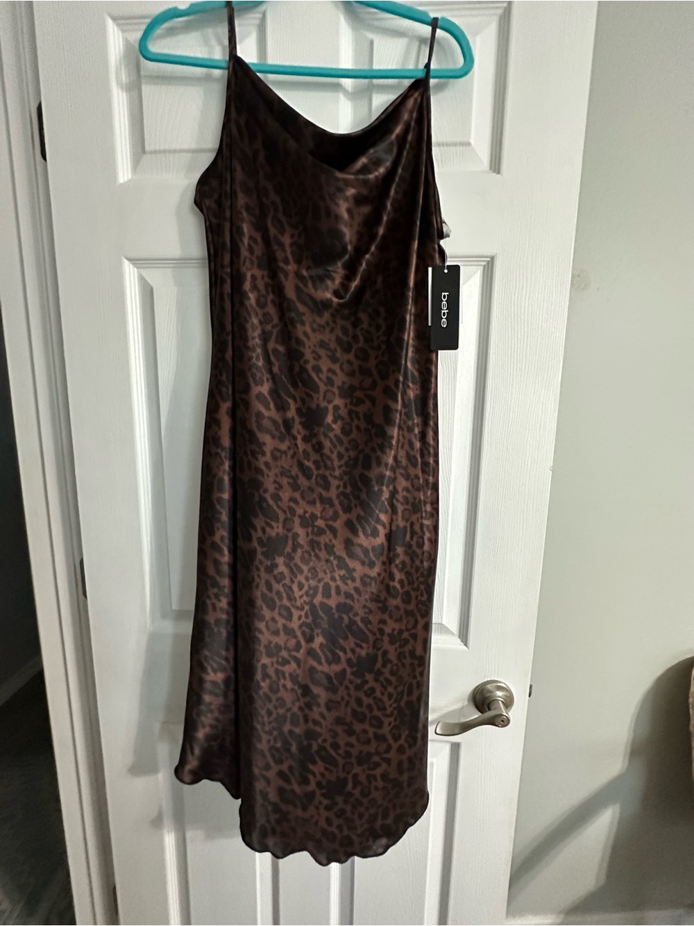 BEBE Brown Leopard Satin Slip Midi Dress